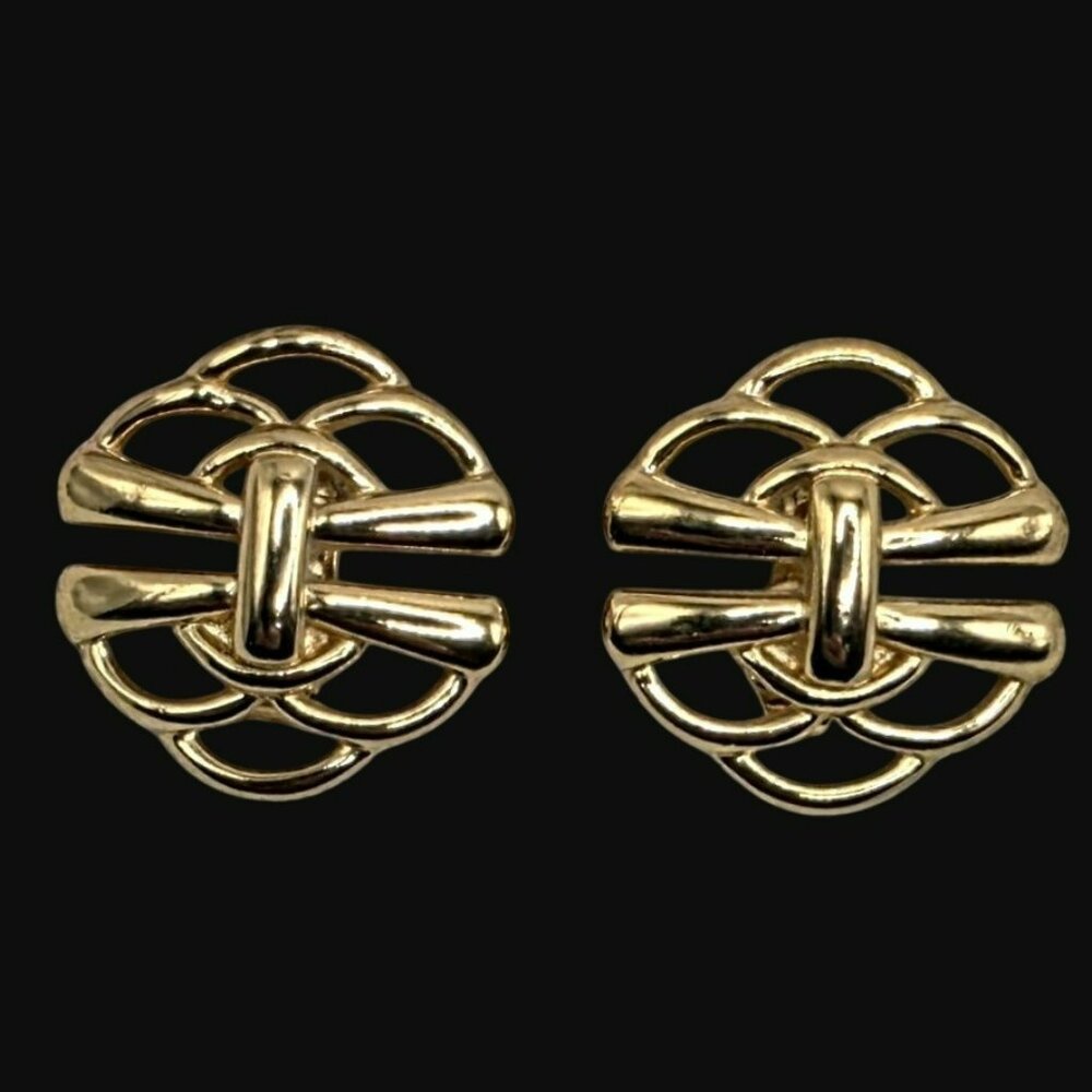Vintage Crown Trifari Clip-On Earrings Gold-Tone Celtic Knot Medallion Art Deco